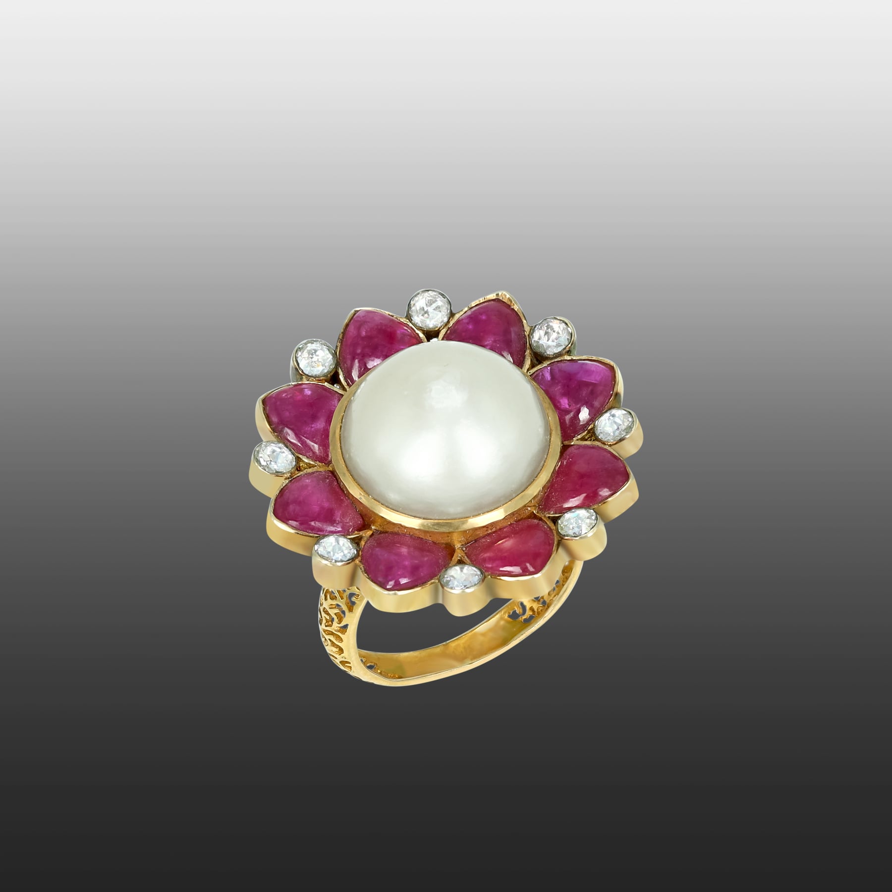 Pearl Ring with Ruby Halo and Diamond Accents